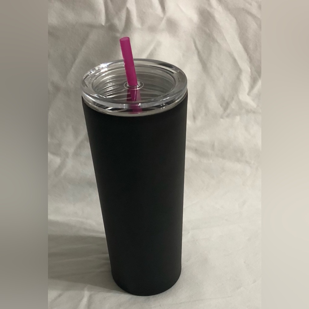 Black Tumbler stainless steel with Pink Straw.22oz